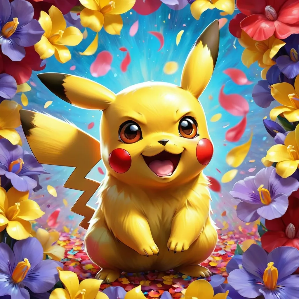 Prompt: Game-Pokemon style illustration of an adorable (Pikachu) is encircled by colorful petals, in the style of Iris Scott, Colorful flowers around in the style of petya Konstantinova