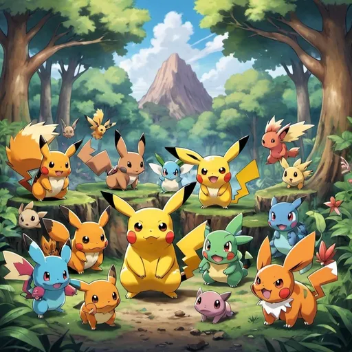 Prompt: Game-Pokemon style illustration of a Pikachu surrounded by distinct Bulbasaur, Charmander, Eevee, Pidgey, Rattata, Spearow, Butterfree, Nidorina, and Vulpix in a scenic wooded area