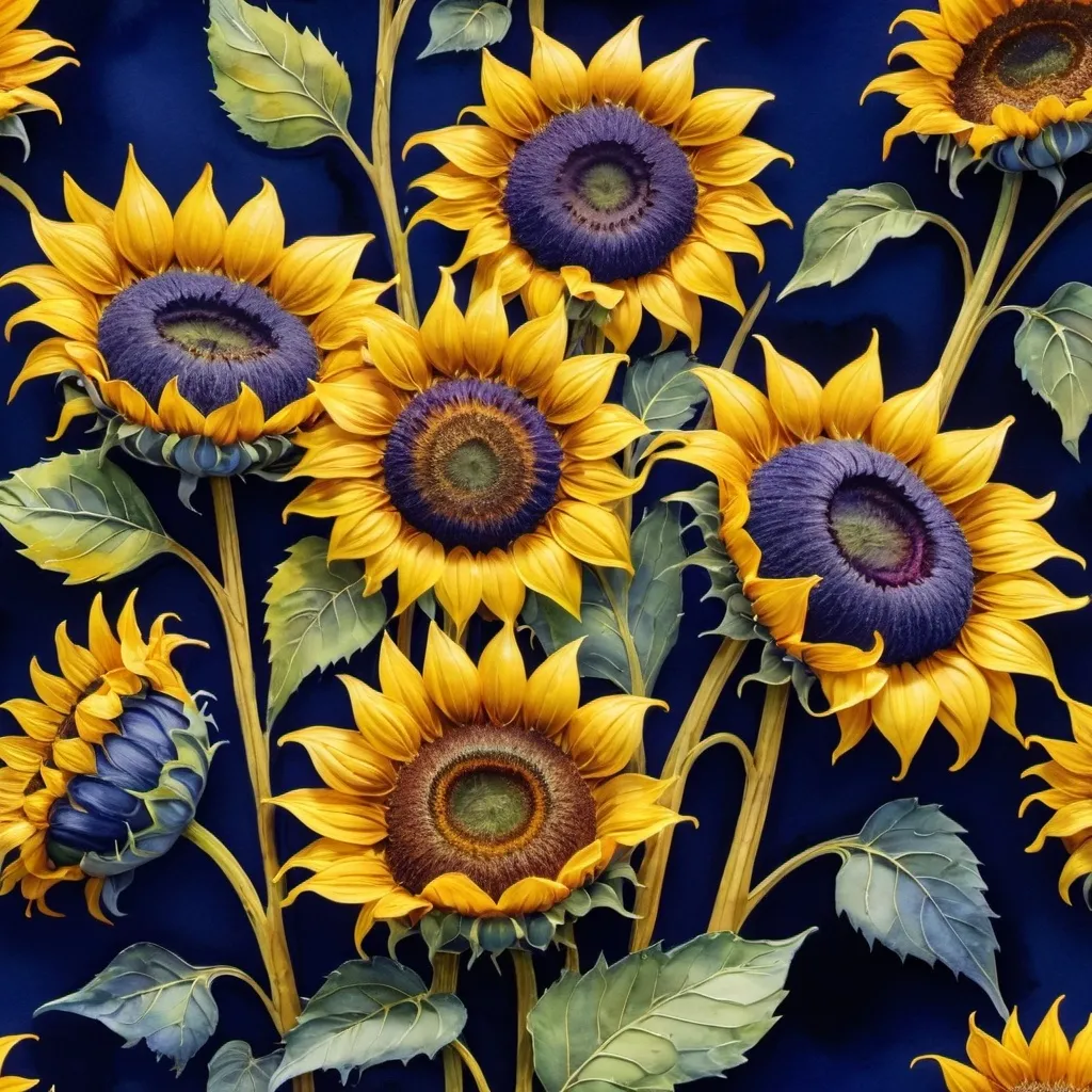 Prompt: An ultra hd detailed, whimsical painting yellow sunflowers against a midnight blue and deep purple background, by Joanne Porter, watercolor and ink, intricate details, fantasy, beautiful, award winning, colorful, crisp quality, flowers, sharp focus, realistic photo, perfect composition, beautiful detailed intricate insanely detailed, 8k art photography, photorealistic concept art, soft natural 3D cinematography perfect light