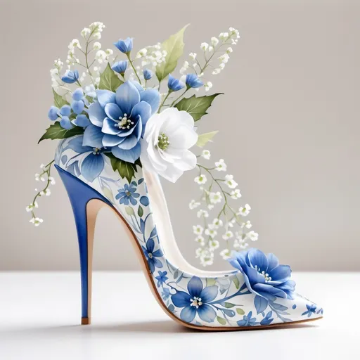 Prompt: Side view of a blue stiletto shoe embellished with a pattern of blue and white flowers, leaves, and baby's breath, set against a pure white background ensuring the composition fits entirely within the frame, watercolor, with a minimalist composition, natural light, ultra fine detail, high-definition photography.