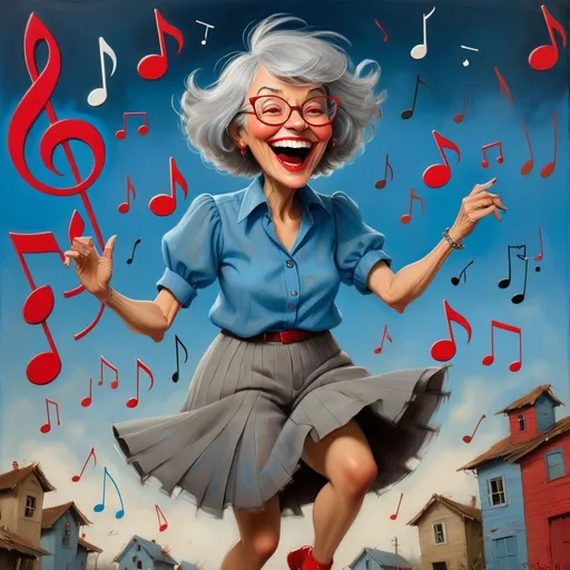 Prompt: a painting of an older woman with bangs and messy short gray hair, red lipstick, glasses, and a blue shirt and red shoes, grinning and dancing with musical notes in the background, Esao Andrews, kitsch movement, whimsical, soft focus, a storybook illustration