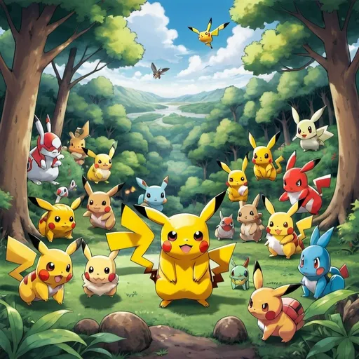 Prompt: Game-Pokemon style illustration of a Pikachu surrounded by other Pokemons in a scenic wooded area