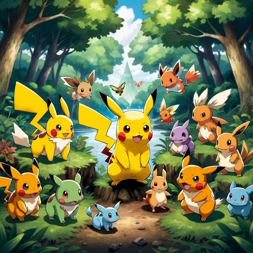 Prompt: Game-Pokemon style illustration of a Pikachu surrounded by distinct Bulbasaur, Charmander, Eevee, Pidgey, Rattata, Spearow, Butterfree, Nidorina, and Vulpix in a scenic wooded area