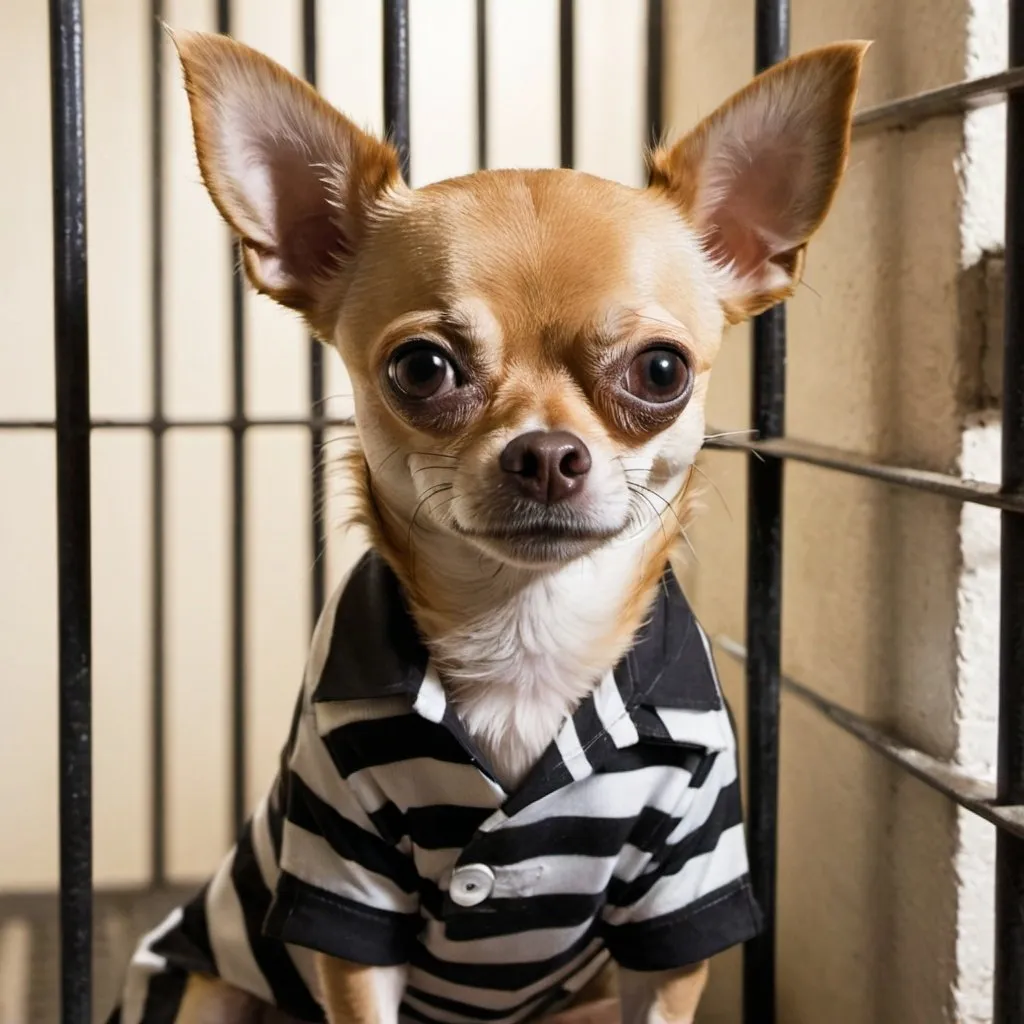 Prompt: a short-haired chihuahua in a jail cell behind bars wearing a black and white striped uniform. 