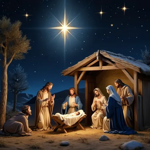 Prompt: Photorealistic 8K image of the evening Jesus in the manger with Mary and Joseph and the three wise men.  The scene has a golden glow and fades into the brilliant deep blue night, stars twinkling and the North star is shining brightly.