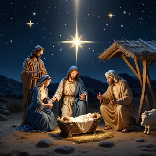 Prompt: Photorealistic 8K image of the evening Jesus in the manger with Mary and Joseph and the three wise men.  The scene has a golden glow and fades into the brilliant deep blue night, stars twinkling and the North star is shining brightly.