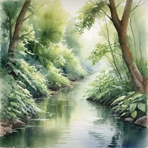 Prompt: Watercolor painting illustrating a vibrant stream serenely meandering through a thicket, the towering greenery acting as a canopy, its leaves diffused into a fusion of faded hues enveloping the water below, plant life teeming on the stream banks and pushing through the brim of the water's surface, lending an enchanting melancholic atmosphere, stream water reflecting back the resonance of nature's sadness, captured by