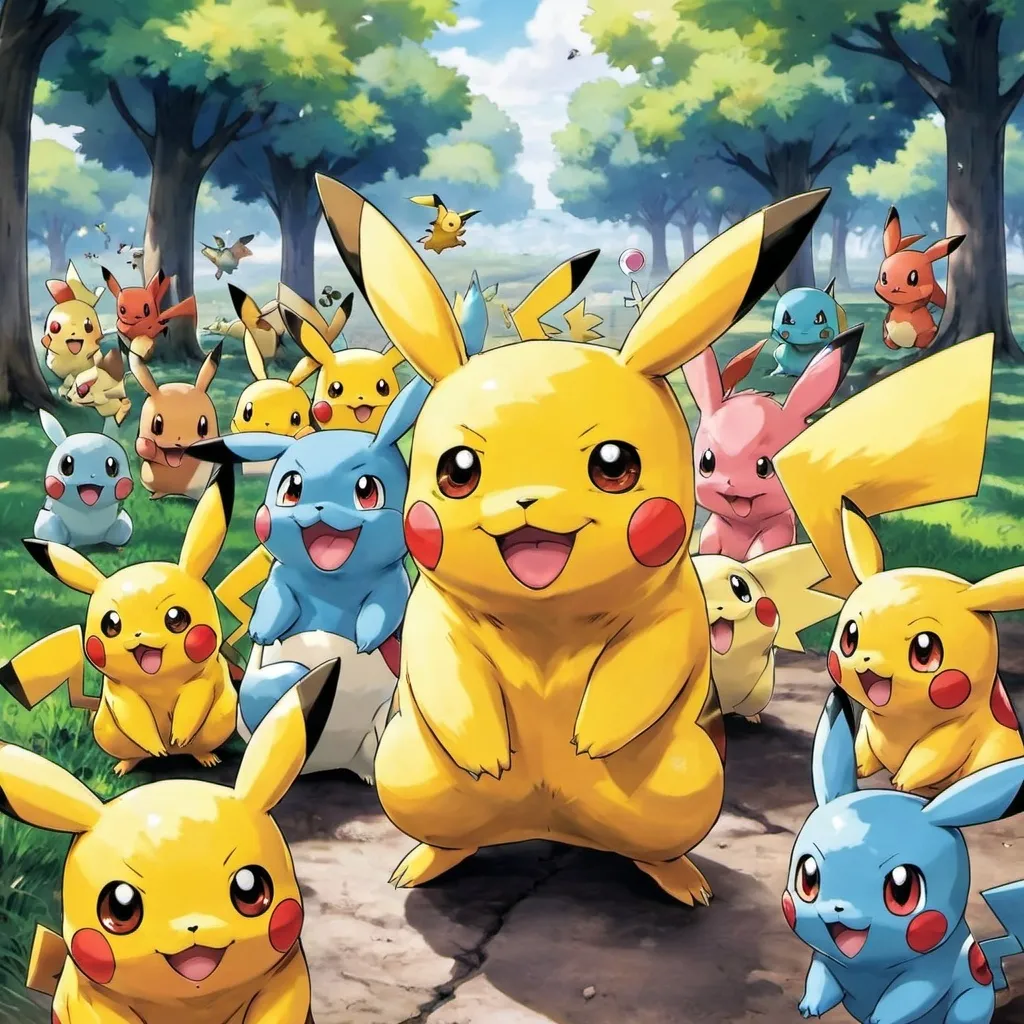 Prompt: game-Pokemon Image of Pikachu so happy to be with his friends