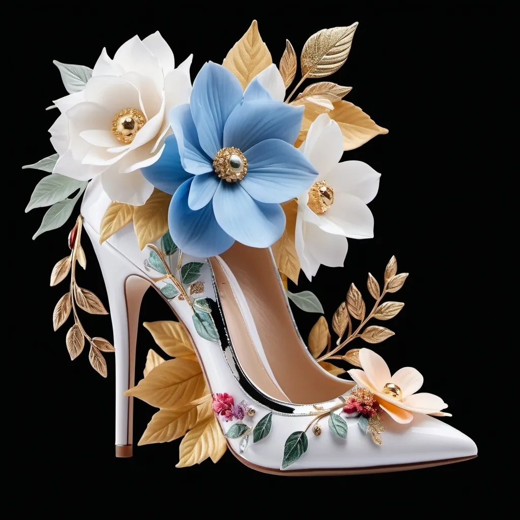 Prompt: Side view of an 8K, HD, stiletto shoe adorned with flowers and leaves on top of the shoe, set against a pure white background ensuring the composition fits entirely within the frame, natural light, ultra fine detail, high-definition photography.