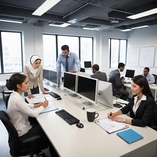 Prompt: Setting: An office environment, modern and well-lit with multiple desks and computer stations.

Main Subjects: A diverse group of professionals, including Asian Muslim men and women, working together in an IT support setting.

Details to Include:

Team Composition:

Men: Two Asian Muslim men, dressed in professional attire (such as button-down shirts or blouses, with one or two wearing a kufi or a traditional cap).
Women: Two Asian Muslim women, dressed in professional attire (such as blouses and trousers or skirts, with hijabs in various colors and styles).
Activities:

One person could be on the phone, assisting a client with technical issues.
Another could be working on a computer, diagnosing or troubleshooting a problem.
A third person might be reviewing documents or working on a technical report.
The fourth could be collaborating with a colleague, possibly pointing at a computer screen or discussing a technical issue.
Office Environment:

Desks with computer monitors, keyboards, and other IT equipment.
Office chairs, some with people sitting and others with people standing.
Whiteboards or digital displays showing charts or technical diagrams.
Office supplies like notepads, coffee mugs, and tech gadgets.
Visual Style:

The overall vibe should be professional, yet relaxed and collaborative.
The colors should be neutral with accents (e.g., blues, grays) to maintain a corporate look.