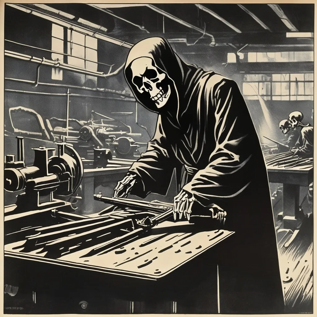 Prompt: Grim Reaper Soviet propaganda posters.standing in industrial factory full of manual lathes and radial drills, there are many machinists busy at work making weapons of war. The party is happy. style propaganda Yugoslavia WW2 Great Skeleton War