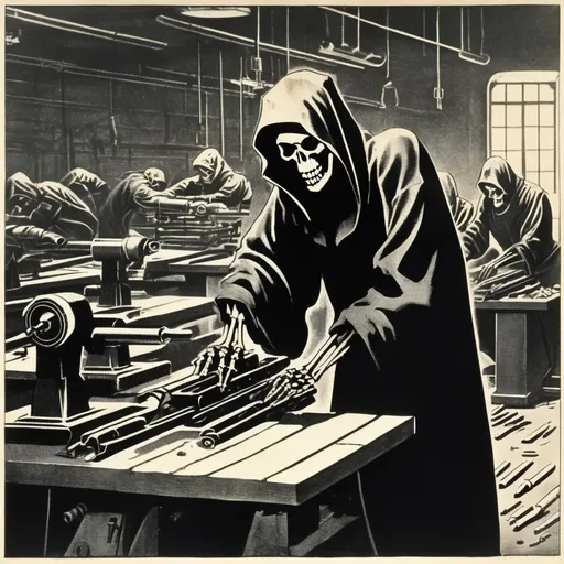 Prompt: Grim Reaper Soviet propaganda posters.standing in industrial factory full of manual lathes and radial drills, there are many machinists busy at work making weapons of war. The party is happy. style propaganda Yugoslavia WW2 Great Skeleton War