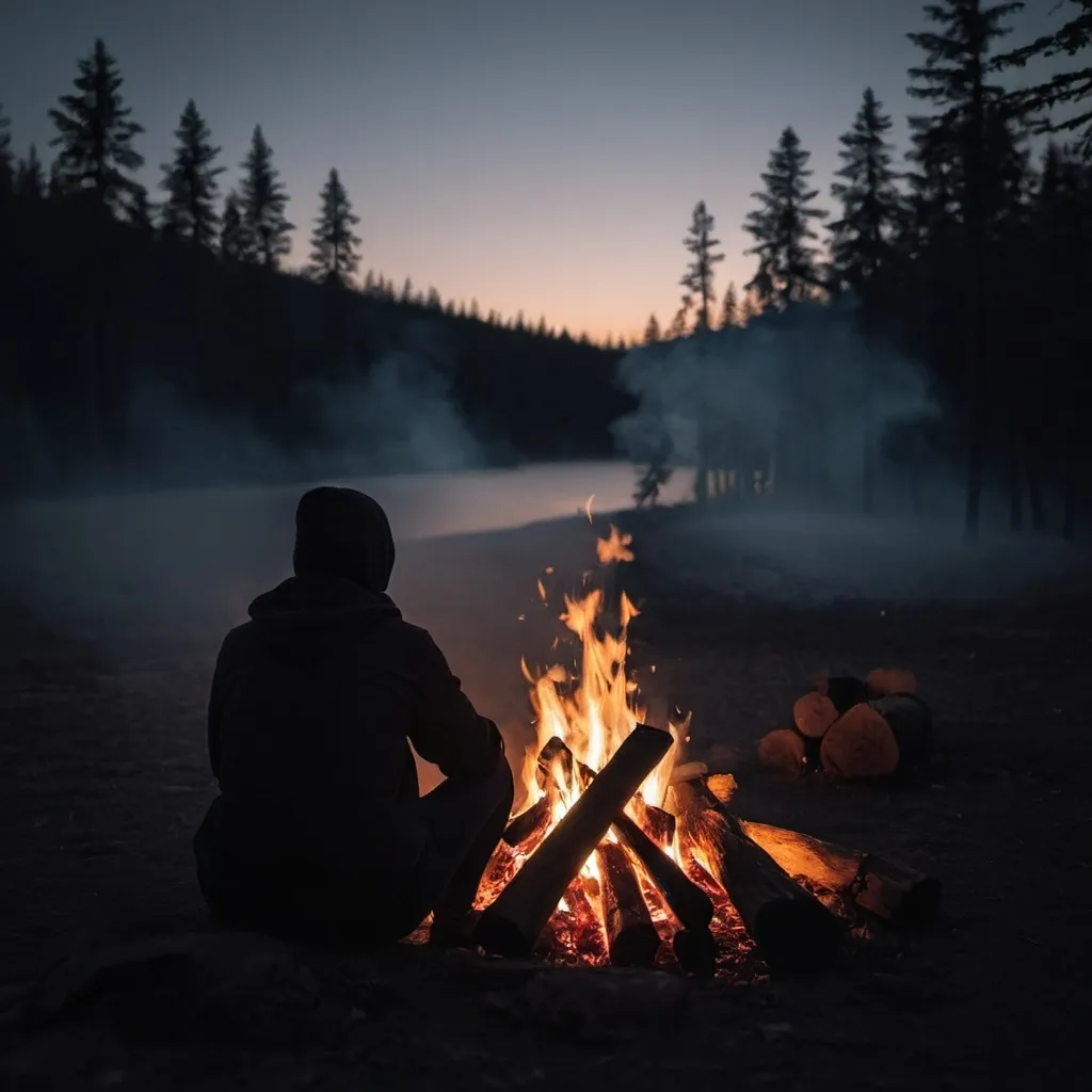 Prompt: Eerie photo of a campfire and a person sitting next to the fire