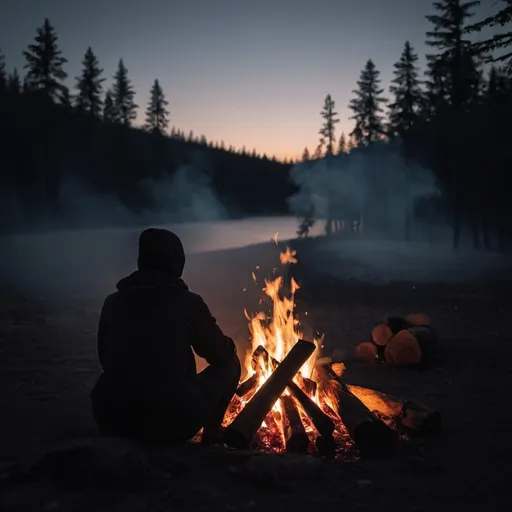 Prompt: Eerie photo of a campfire and a person sitting next to the fire