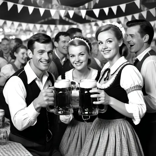 Prompt: photorealistic, (black and white) image of a vibrant 1965 Oktoberfest party, cheerful atmosphere, attractive people enjoying beer and wine, all wearing (traditional Bavarian clothing), mugs raised in celebration, festive decorations in the background, lively expressions, crisp details, dynamic poses, (high quality) capturing the excitement of the celebration.