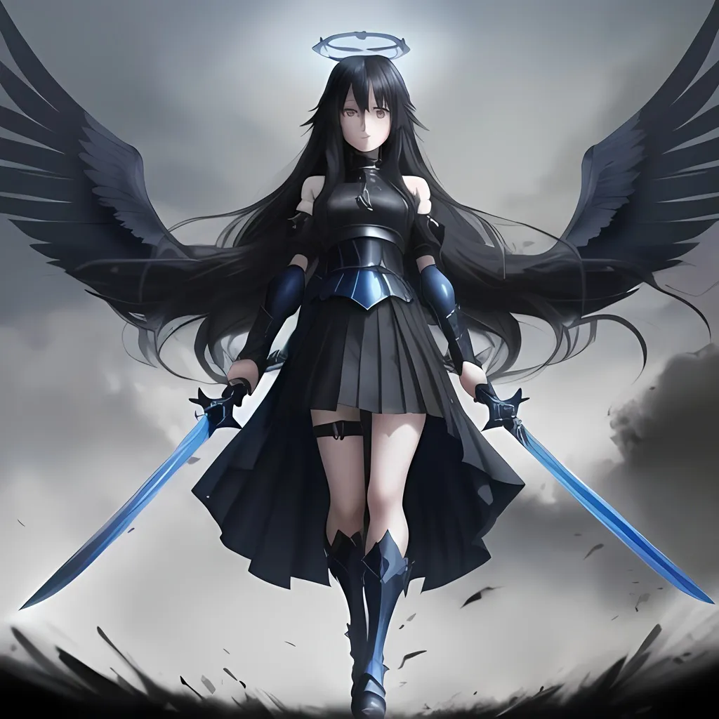 Prompt: Anime Girl with blue black sword. Clothes blue black. Black long hair 
Battlefield as background
Huge black wings
 black halo