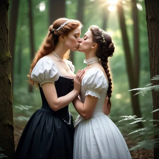 Prompt: Victorian servant girl and noble woman kissing secretly in forest. no cloth. sensual. lesbian. god rays.