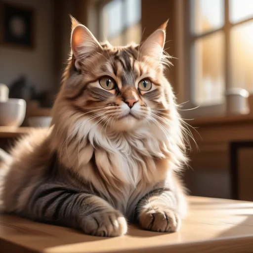 Prompt: (cat on the table), (highly detailed), realistic fur texture, warm natural lighting, cozy ambiance, light wood table, soft shadows, playful posture, blurred background indicating a homely environment, ultra-detailed, high quality, inviting atmosphere.