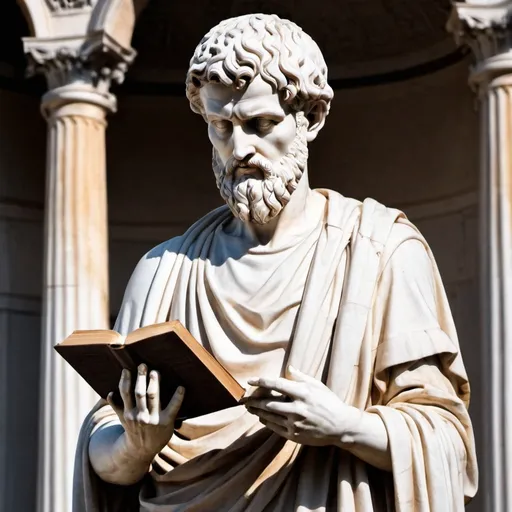 Prompt: statue of stoicism holding a book