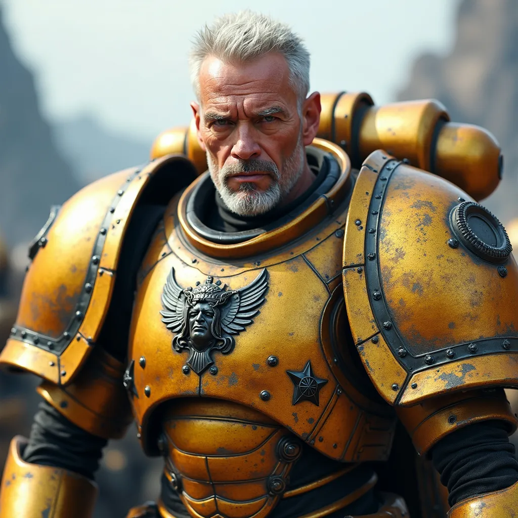 Prompt: A man in his late 40s with short, spiky white hair, rugged features, and piercing eyes. He is dressed in sleek, ornate gold Space Marine power armor, with detailed engravings and insignia. The armor is angular and imposing, reflecting strength and resilience. The background is a sci-fi battlefield with a heroic pose, ready for combat.