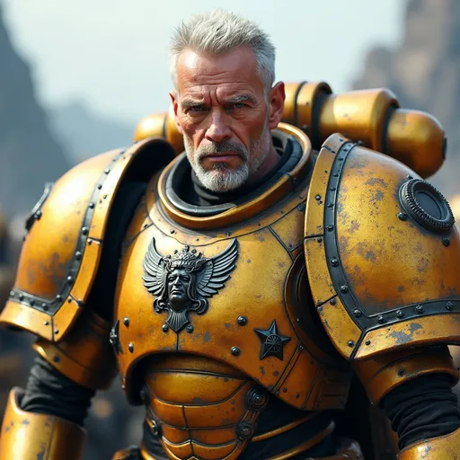 Prompt: A man in his late 40s with short, spiky white hair, rugged features, and piercing eyes. He is dressed in sleek, ornate gold Space Marine power armor, with detailed engravings and insignia. The armor is angular and imposing, reflecting strength and resilience. The background is a sci-fi battlefield with a heroic pose, ready for combat.