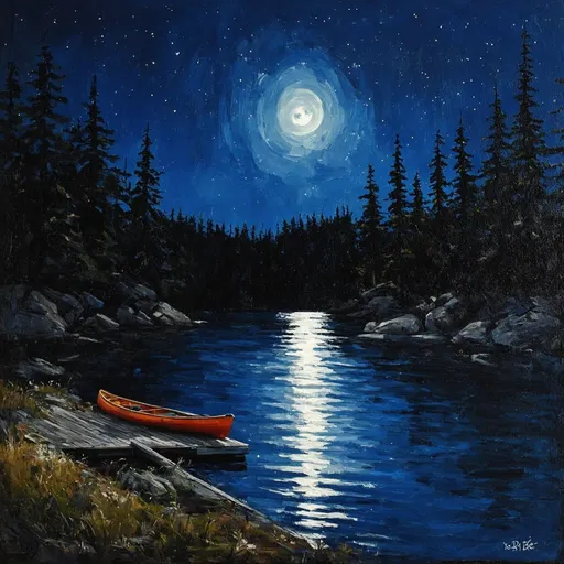 Prompt: A detailed and vibrant oil painting of Weslemkoon Lake at night. The calm waters of the lake reflect the moonlight, casting a silver glow over the scene. The shoreline is adorned with dense, dark forests and rocky formations, creating a serene and peaceful atmosphere. A small wooden dock extends into the lake with a lone canoe tied to it, illuminated softly by the moon. In the distance, tall pine trees stand silhouetted against a star-filled sky. The painting captures the tranquility and beauty of the night with impressionistic brushstrokes, bringing the nighttime landscape to life.