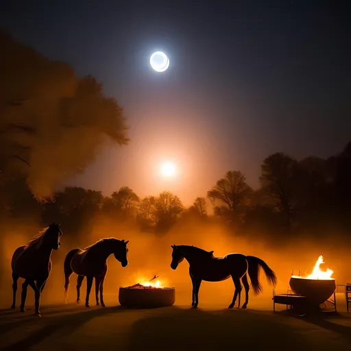 Prompt: moon falls to earth while noble members of horse farm having a great barbecue party