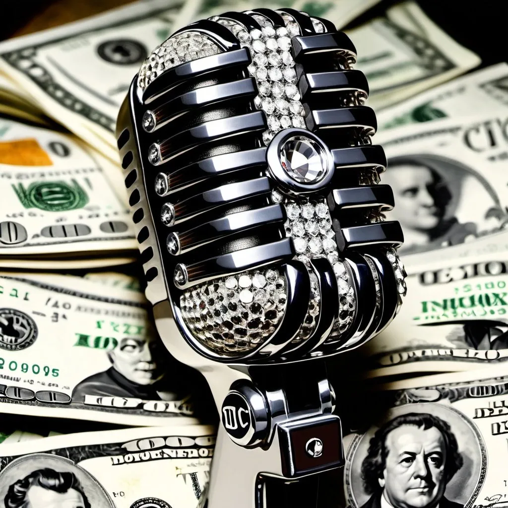 Prompt: A diamond studded mic kept on a lot of cash in new york city