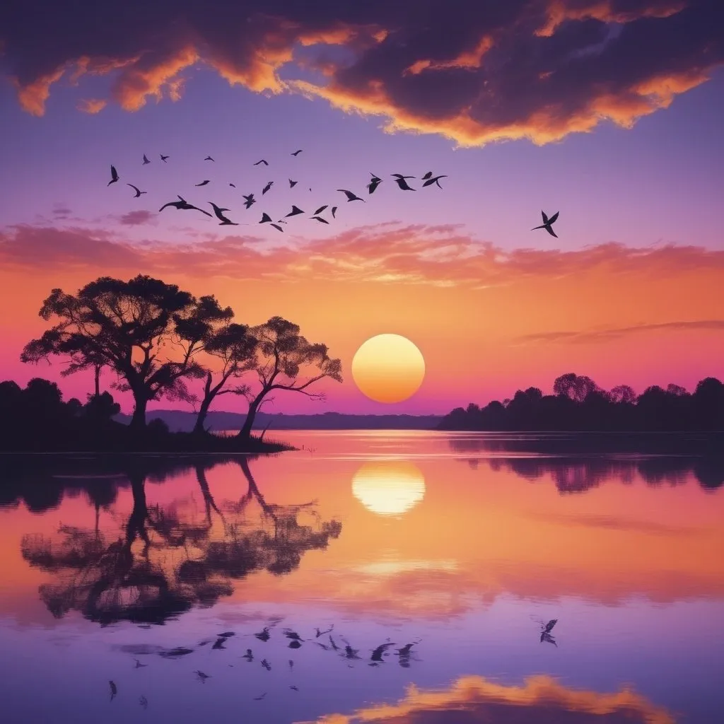 Prompt: 
Generate a sunset with a golden sun above the horizon, transitioning the sky from orange to peach, pink, lavender, and deep blue. Include tree silhouettes, reflective water, and clouds tinged with gold, orange, and violet. Add distant birds for scale and movement.