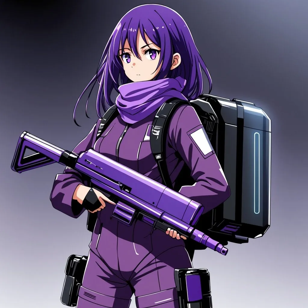 Prompt: long purple haired anime girl in a dark purple suit with a bandanna and a canister on her back and carries a futuristic rifle