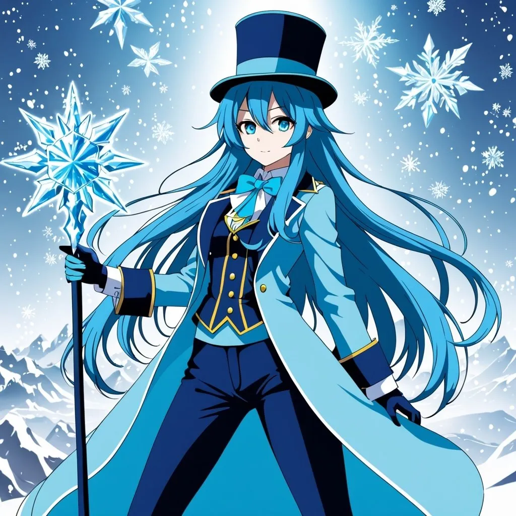 Prompt: blue long haired anime girl in light blue jacket with cyan tophat and dark blue pants with an ice crystal staff