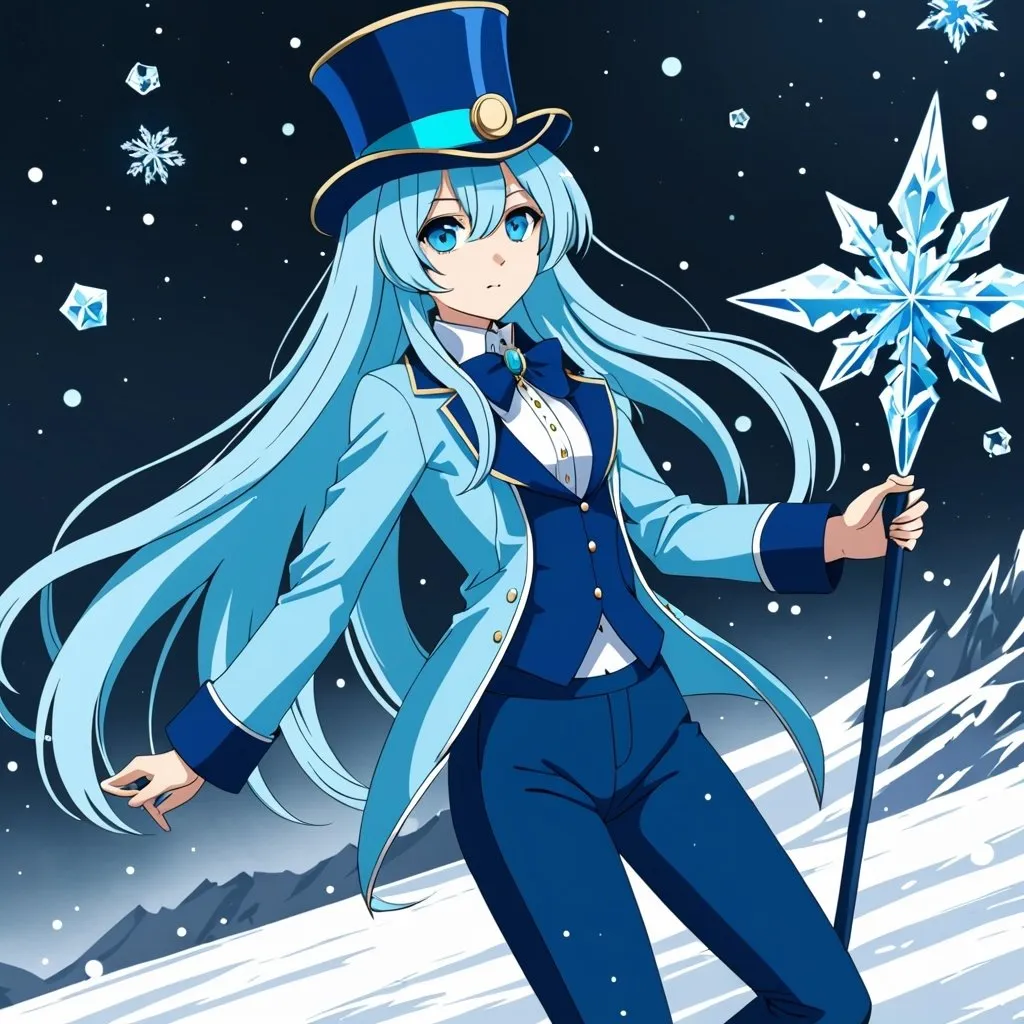 Prompt: blue long haired anime girl in light blue jacket with cyan tophat and dark blue pants with an ice crystal staff