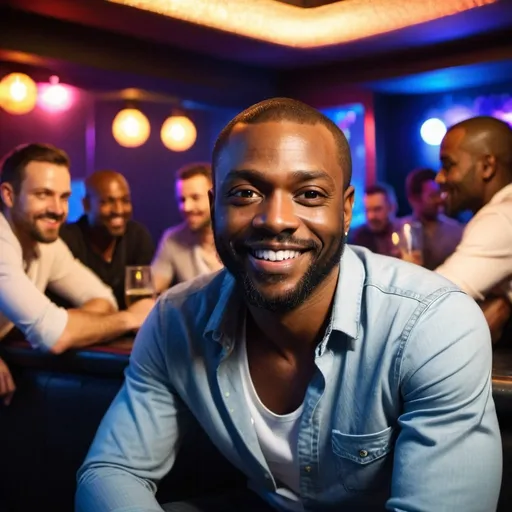 Prompt: very attractive smiling bearded black man age 40 sitting in very brightly lit nightclub with casual clothing looking into camera only black men in the background