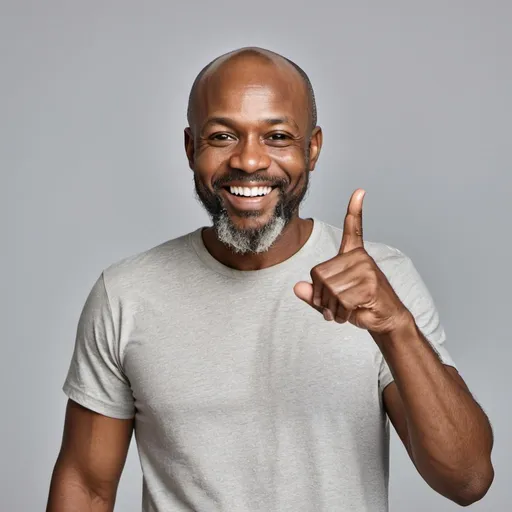 Prompt: high resolution image of 40 year old African man with a salt and pepper beard and bald head.  Man has arm extended upward with finger pointing up.  Man has smile and wearing casual clothes.