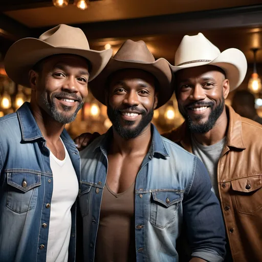 Prompt: 3 very attractive realistic black men in their 40's with full beards and wearing cowboy hats and denim looking directly into camera standing side by side with smiles in very brightly lit bar or lounge.  The men are different complexions of skin color.