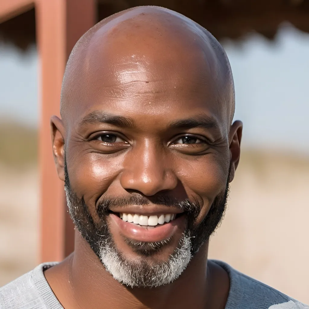 Prompt: handsome African man with salt and pepper beard with bald head and a smile