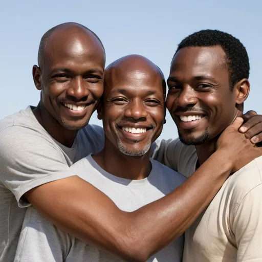 Prompt: high resolution image of 3 dark African men with in a friendly embrace.  Approximate age 40 One man has no facial hair with short black hair and the other 2 men have bald heads and salt and pepper facial hair. All men have smiles and wearing casual clothing