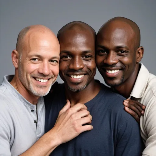 Prompt: high resolution image of 3 dark African men with in a friendly embrace.  Approximate age 40 One man has no facial hair with short black hair and the other 2 men have bald heads and salt and pepper facial hair. All men have smiles and wearing casual clothing