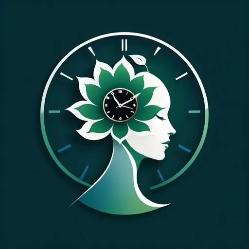 Prompt: (Logo) surrealism style, head silhouette, elements of (lotus) and (flower) intertwined, (clock) motifs embracing time, high-tech features blended with minimalism, abstract composition, harmonious shades of serene green and calming blue, sleek and sophisticated design, captivating shapes and forms, elegant balance, modern aesthetics, crisp lines, ultra-detailed and high quality.