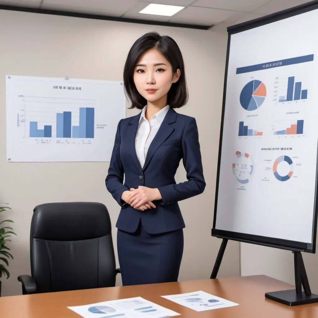 Prompt: an asian 40 years' girl in office, with 169cm height and 60 kg. she is giving a presentation. she is wearing a navy suit which fit her very much. the picture is in a animation style. 
