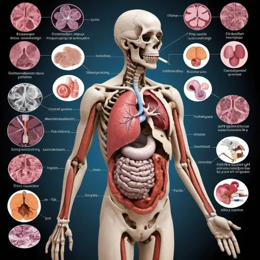 Prompt: An image that shows the harmful effects of smoking on the human body(include the all the organs, the whole body and color those organs that are harmed by smoking). 