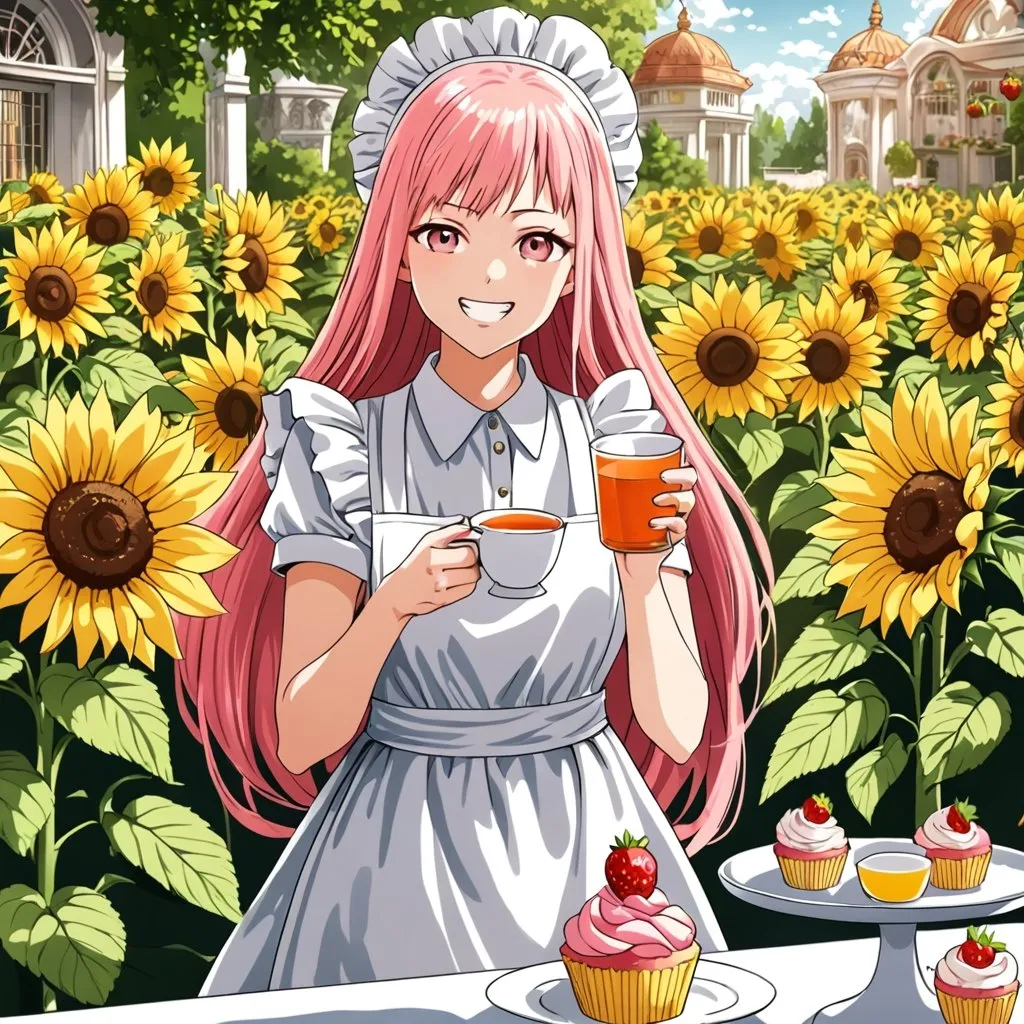 Prompt: One Punch Man style art , a beautiful girl with pink long hair in the white apron , happy , strawberry cupcake , lemon tea , sunflowers around ,royal garden background, very detailed