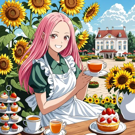 Prompt: One Punch Man style art , a beautiful girl with pink long hair in the white apron , happy , strawberry cupcake , lemon tea , sunflowers around ,royal garden background, very detailed