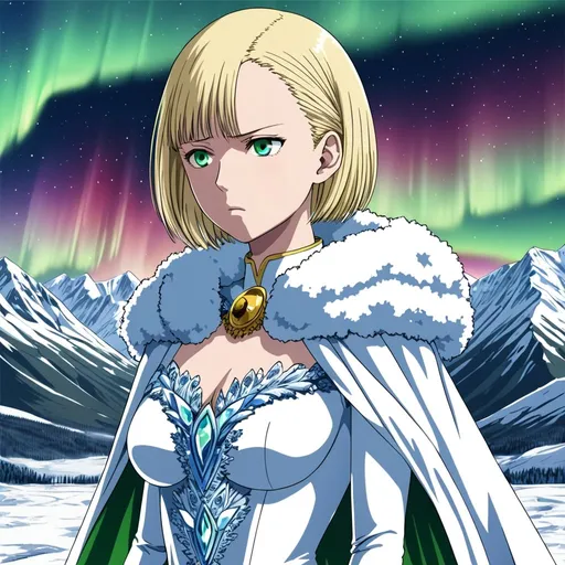 Prompt: One Punch Man style art , a beautiful girl with blonde hair in royal dress , sad , mountains ice and snow background , aurora sky, very detailed