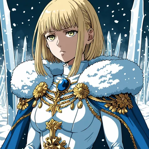 Prompt: One Punch Man style art , a beautiful girl with blonde hair in royal dress , sad , swords around, ice and snow background , very detailed