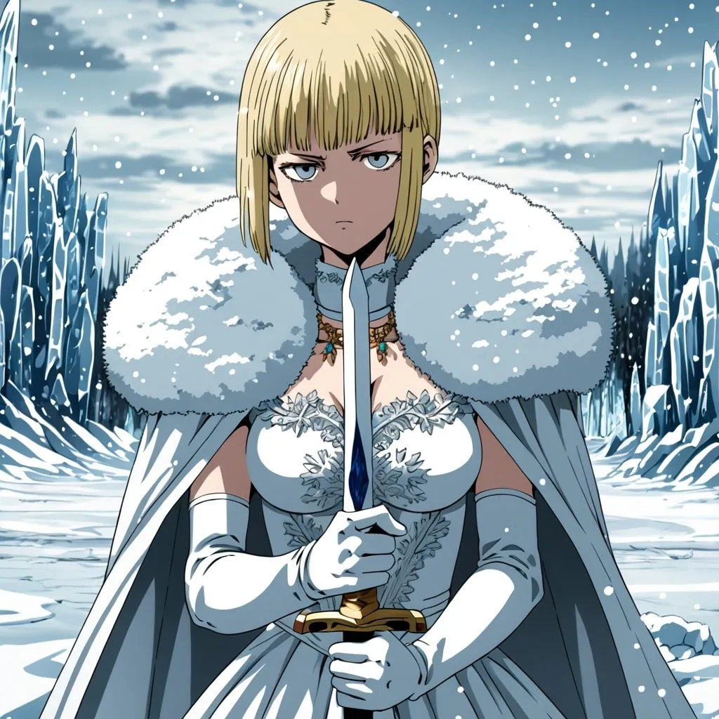 Prompt: One Punch Man style art , a beautiful girl with blonde hair in royal dress , sad , sword in hand, ice and snow background , very detailed