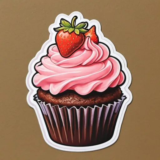 Prompt: die-cut sticker, Chocolate cupcake with strawberry cream