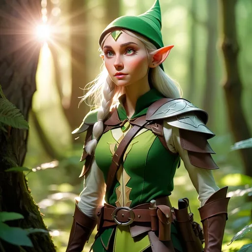 Prompt: Elf ranger in a mystical forest around sunlight