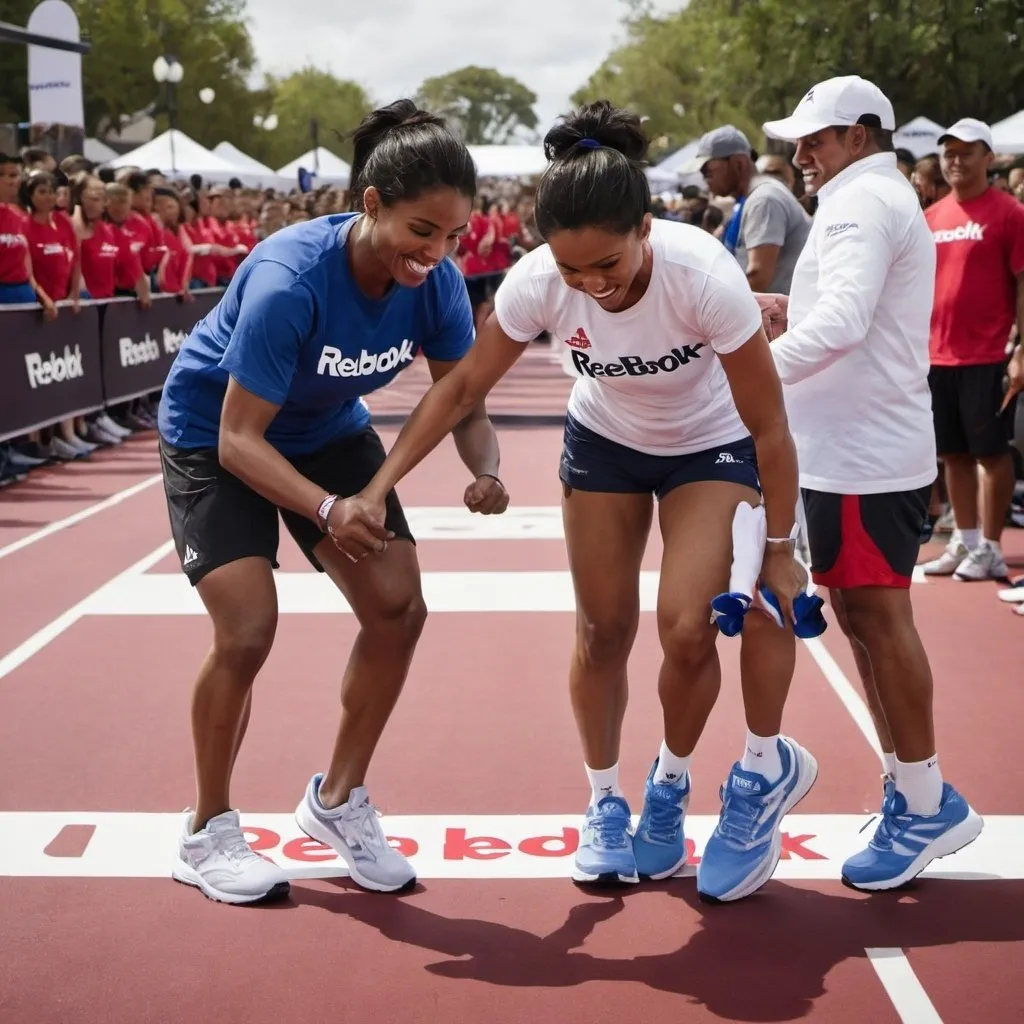 Prompt: People with reebok sneakers helping eachother over the finishline