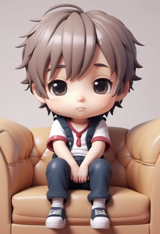 Prompt: kawaii 3D rendered, tiny cute chibi, full body, 1boy, sitting on couch, wearing T chart, beautiful whimsical contrast colors